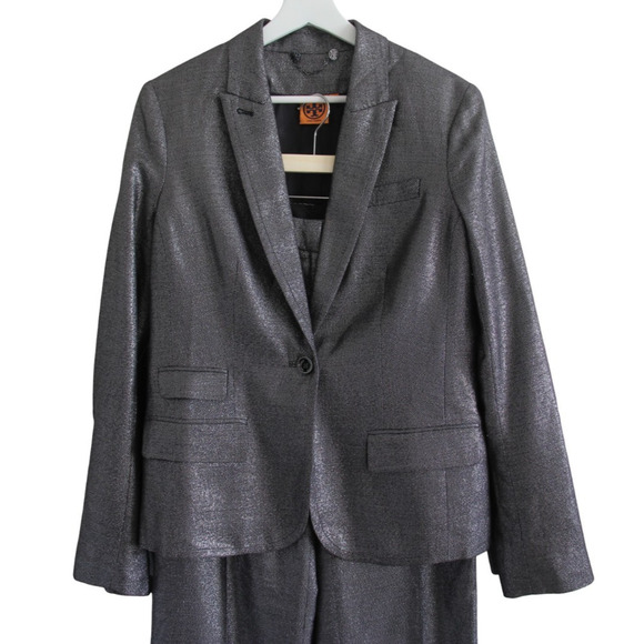 Tory Burch Pant Suit Size 8/10 Jacket Pants Metallic Gray Shimmer 2 Piece Outfit - Picture 2 of 12